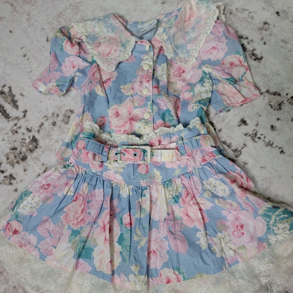VTG 80s 90s Eve Byer California Cottagecore Rose Print Top & Skirt Set Girls 5/6